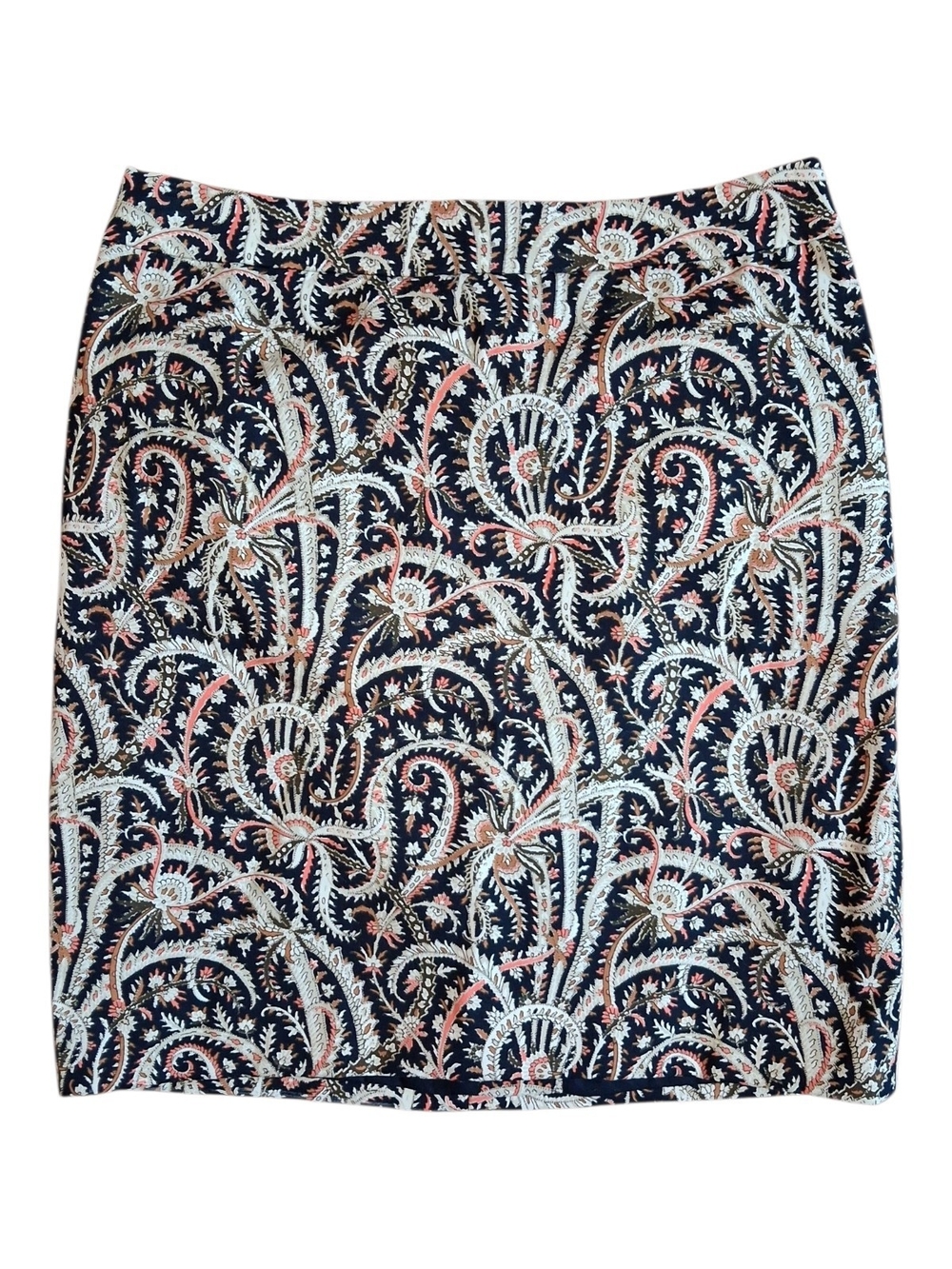 J. Crew Navy Paisley Pencil Skirt with Cream & Pink Accents